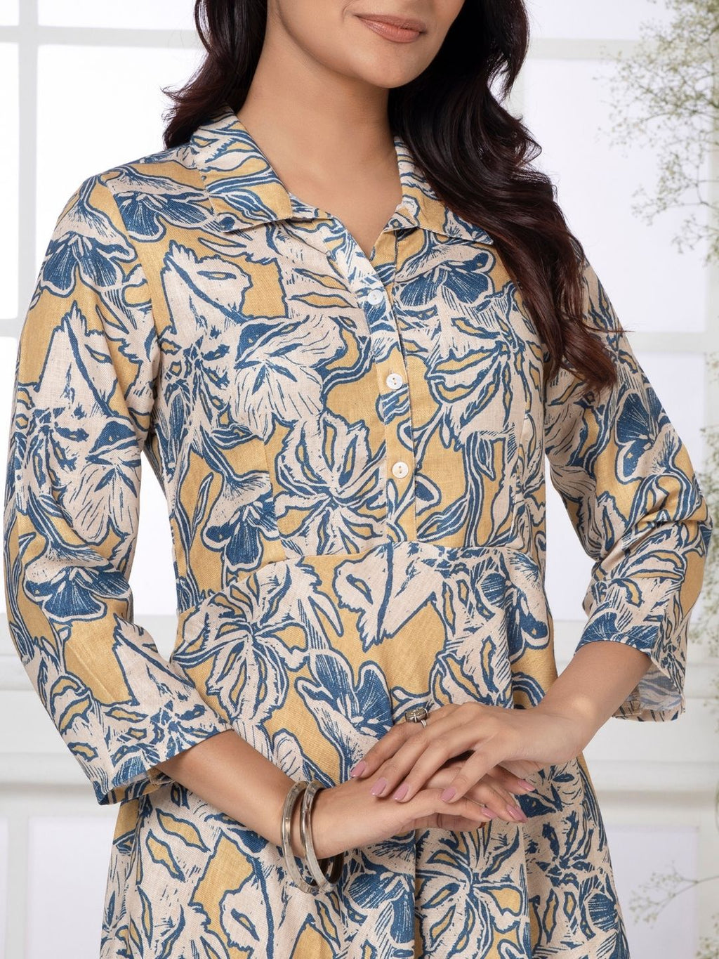 Buff Yellow Artistic Floral Shirt Collar Midi Dress