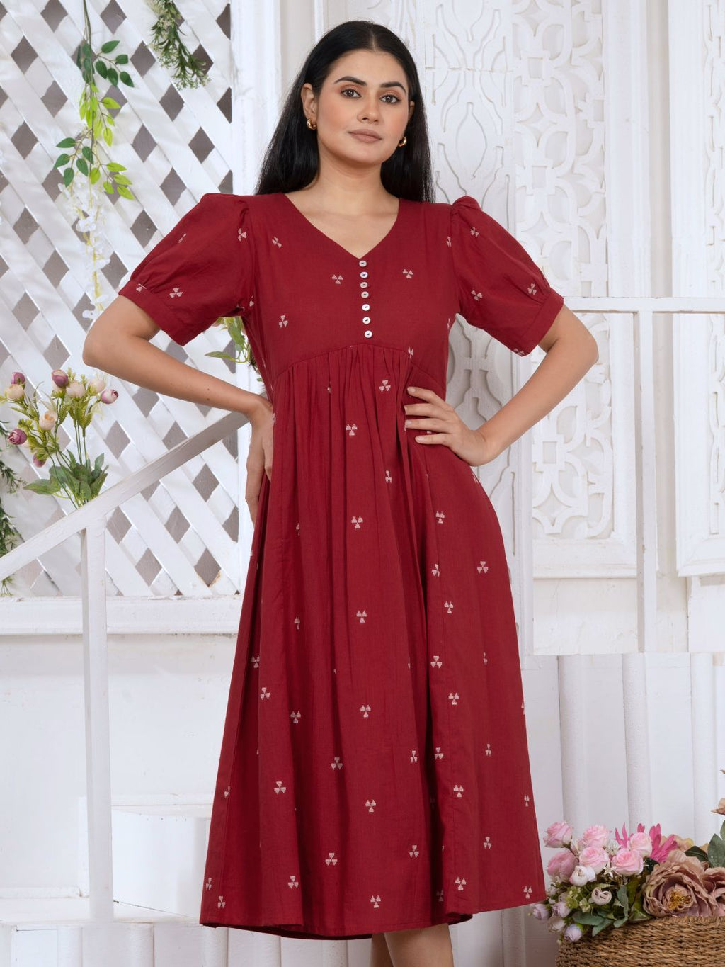 Carmine Red Elite Woven Design Midi Dress