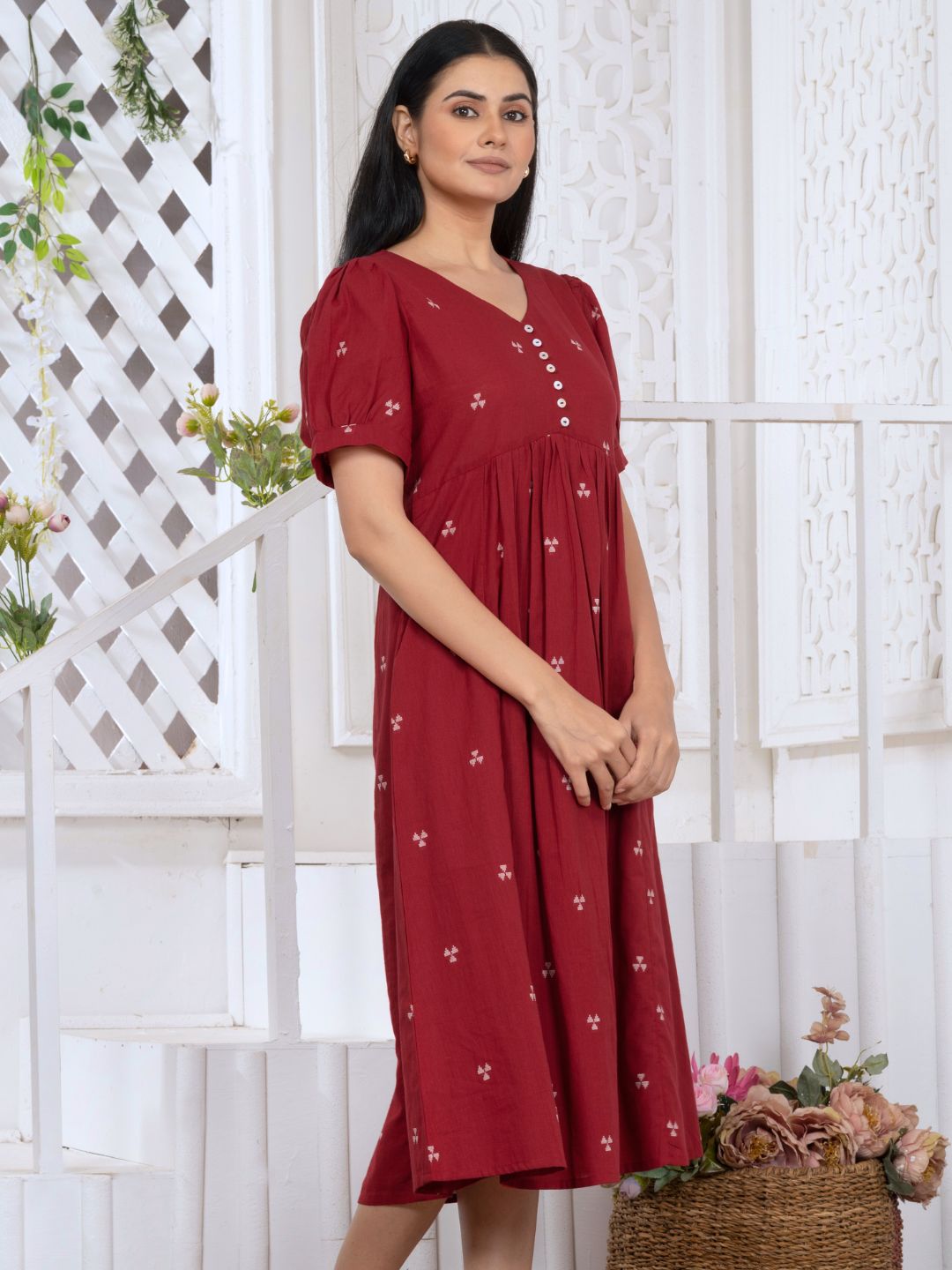 Carmine Red Elite Woven Design Midi Dress