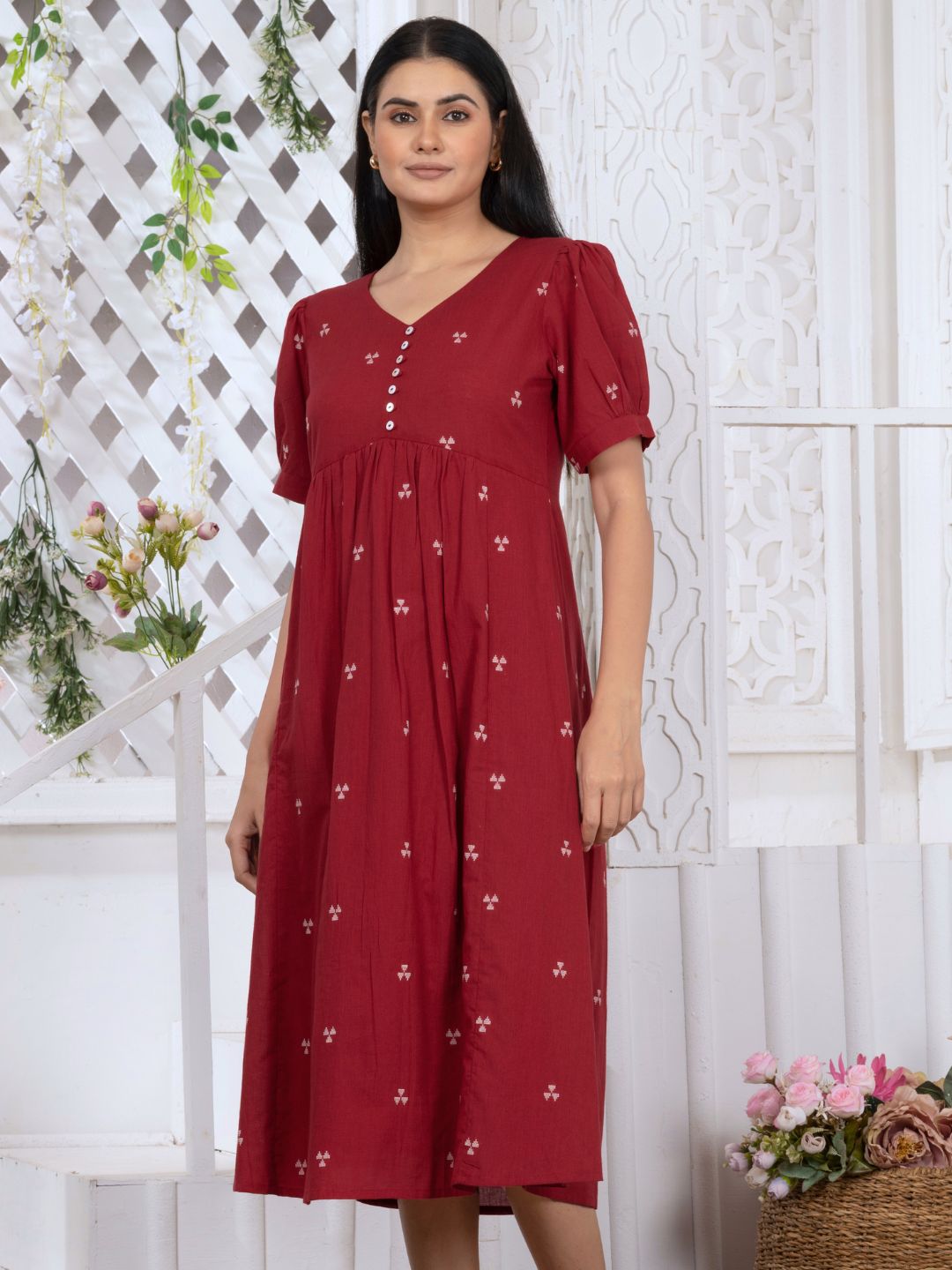 carmine red dress Carmine Red Elite Woven Design Midi Dress – Saffron Threads