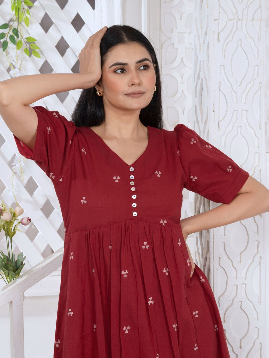 Carmine Red Elite Woven Design Midi Dress