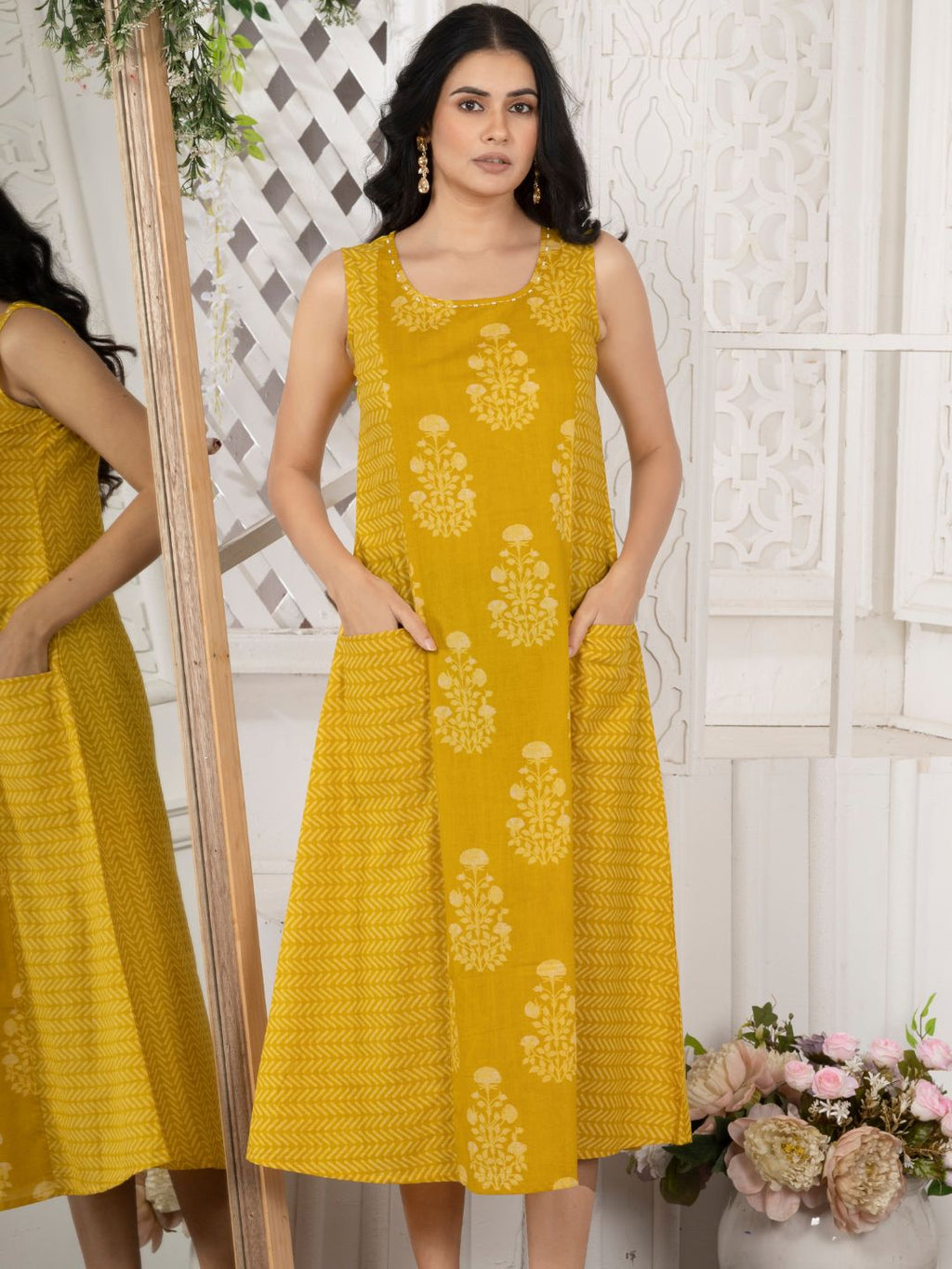 Ochre Yellow Cotton Sleeveless Dress with Front Pockets