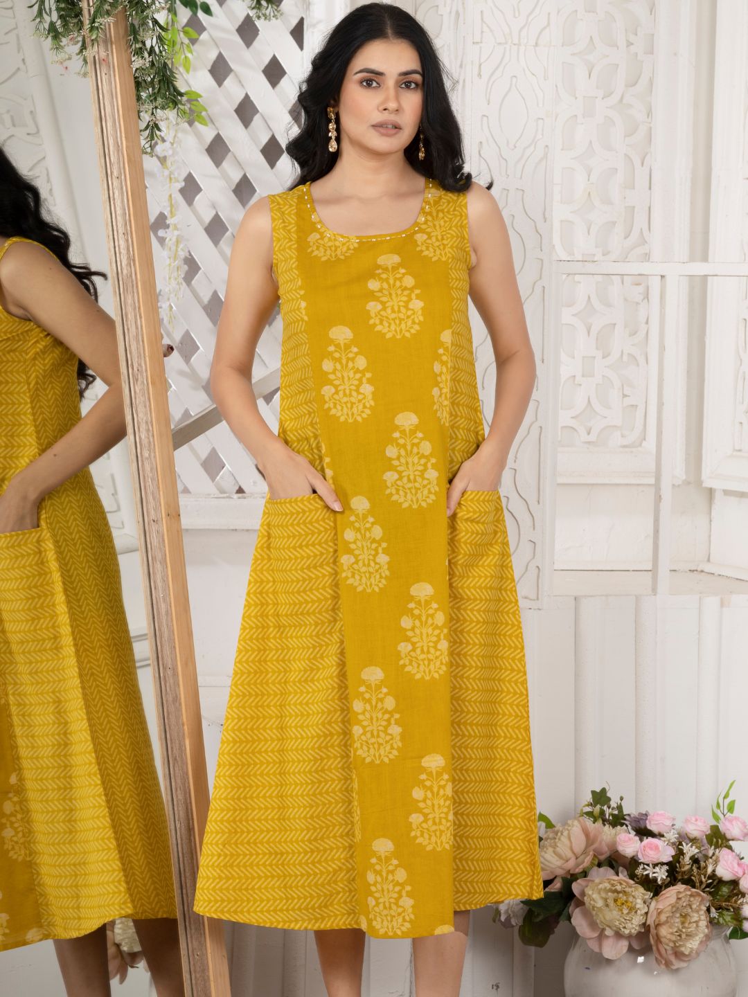 Ochre Yellow Cotton Sleeveless Dress with Front Pockets