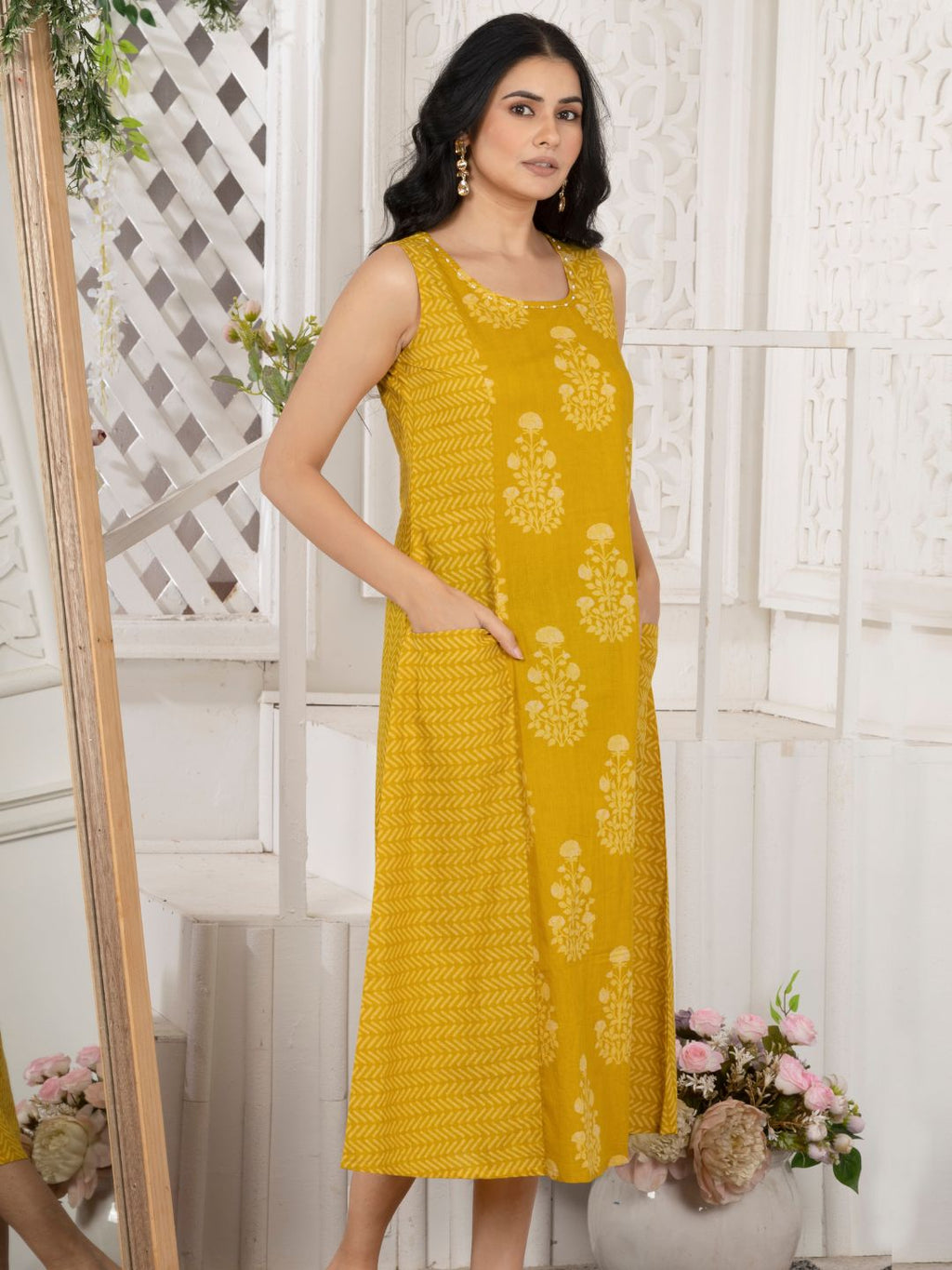 Ochre Yellow Cotton Sleeveless Dress with Front Pockets