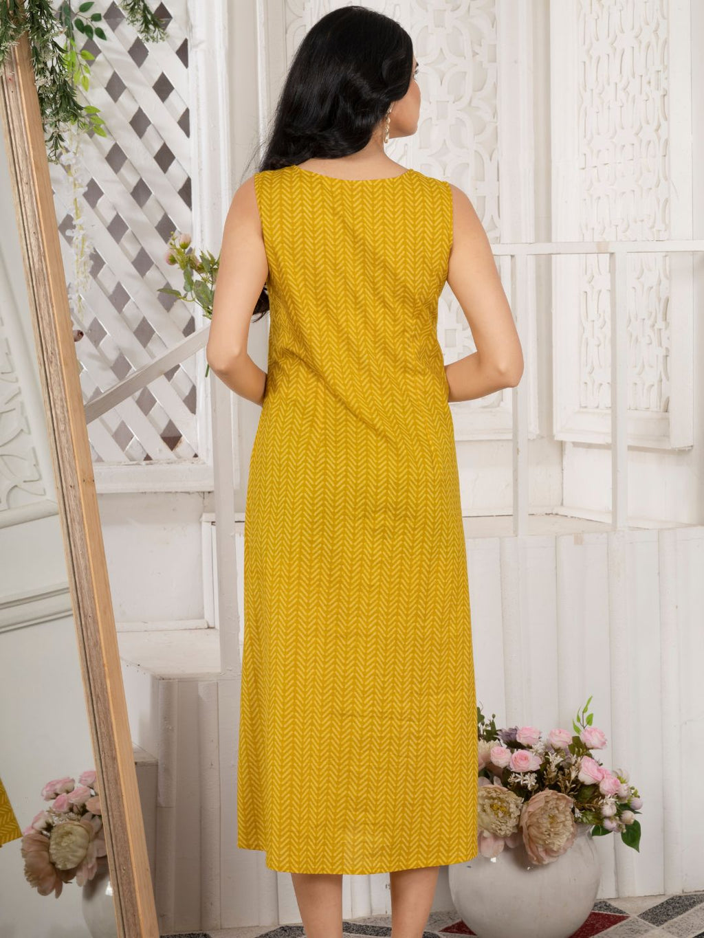 Ochre Yellow Cotton Sleeveless Dress with Front Pockets