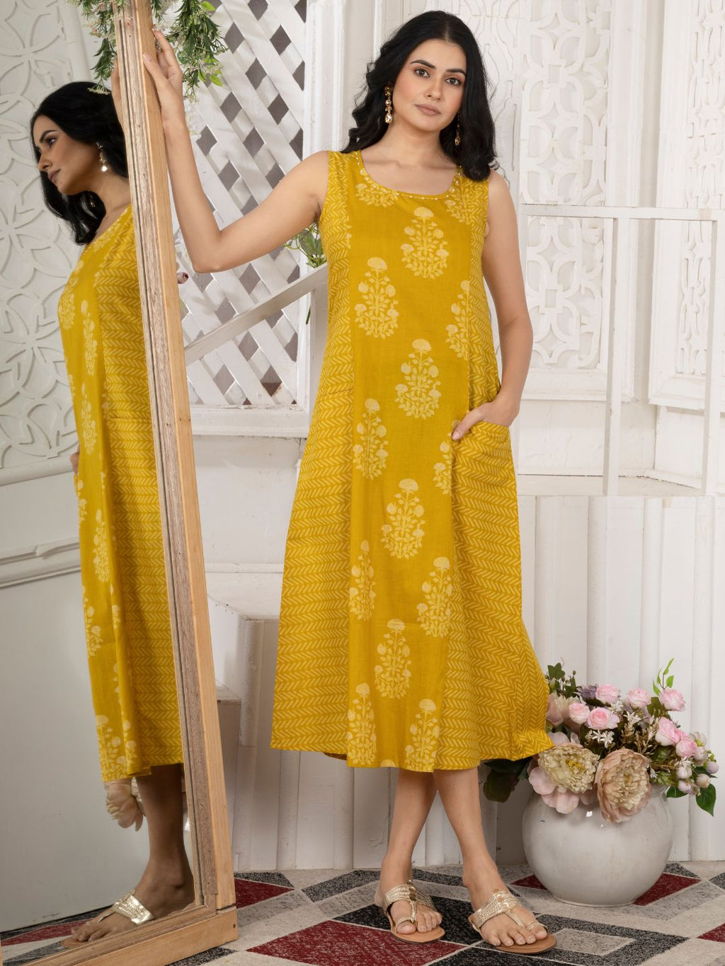 Ochre Yellow Cotton Sleeveless Dress with Front Pockets