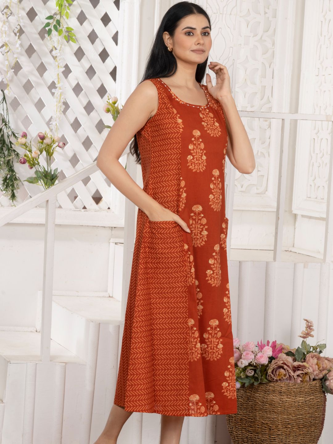 Terracotta Rust Cotton Sleeveless Dress with Front Pockets