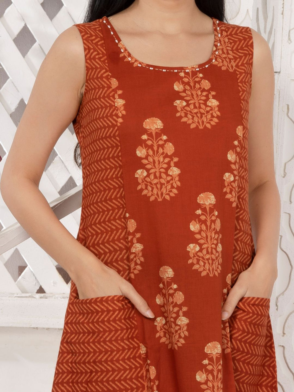 Terracotta Rust Cotton Sleeveless Dress with Front Pockets
