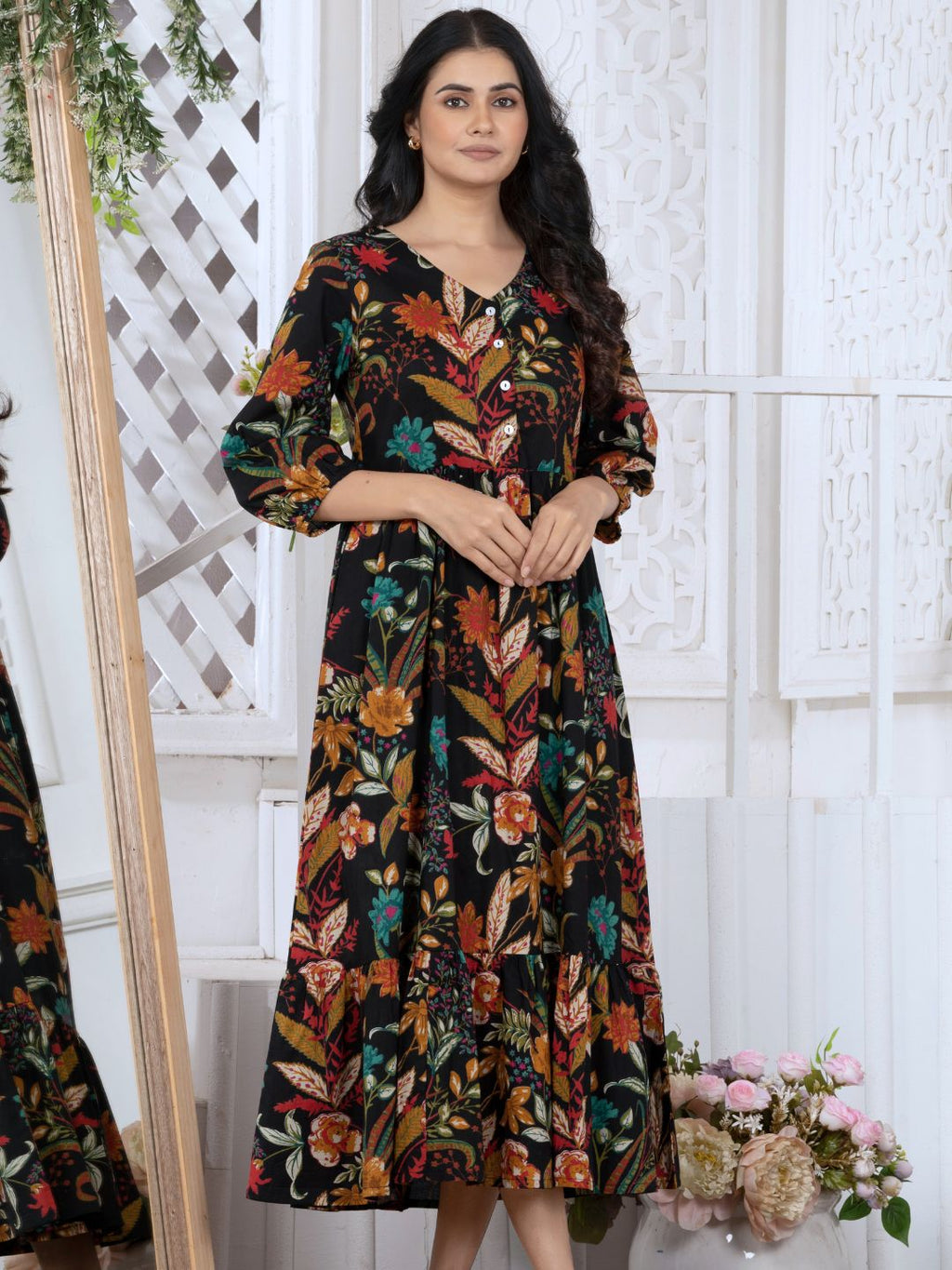 Black Tropical Bloom Boho Midi Dress