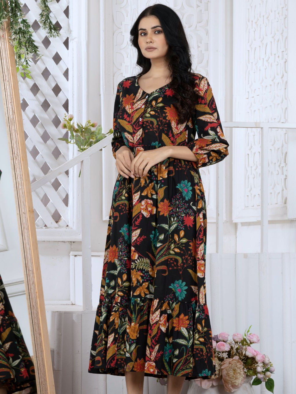 Black Tropical Bloom Boho Midi Dress