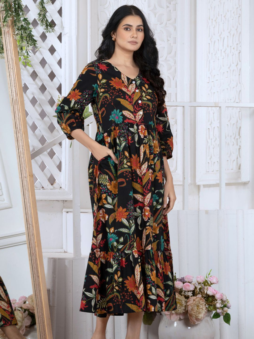 Black Tropical Bloom Boho Midi Dress
