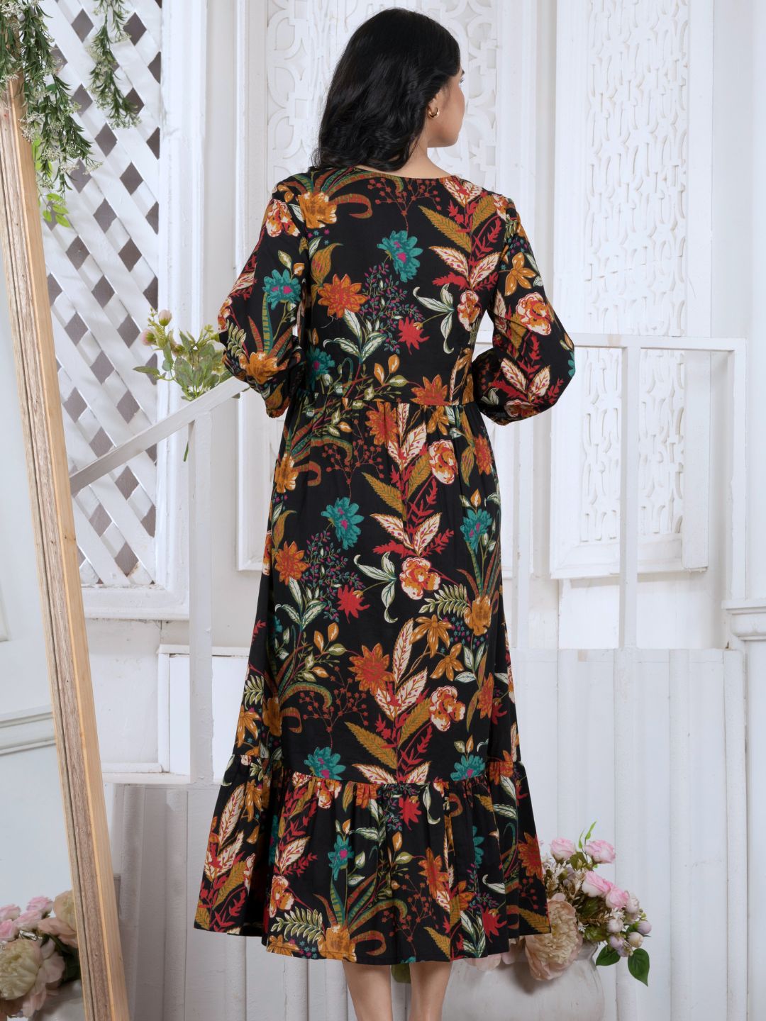 Black Tropical Bloom Boho Midi Dress