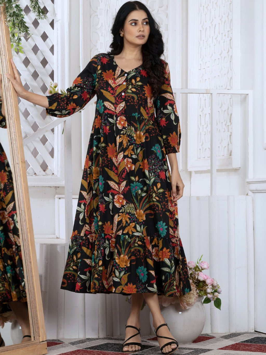 Black Tropical Bloom Boho Midi Dress
