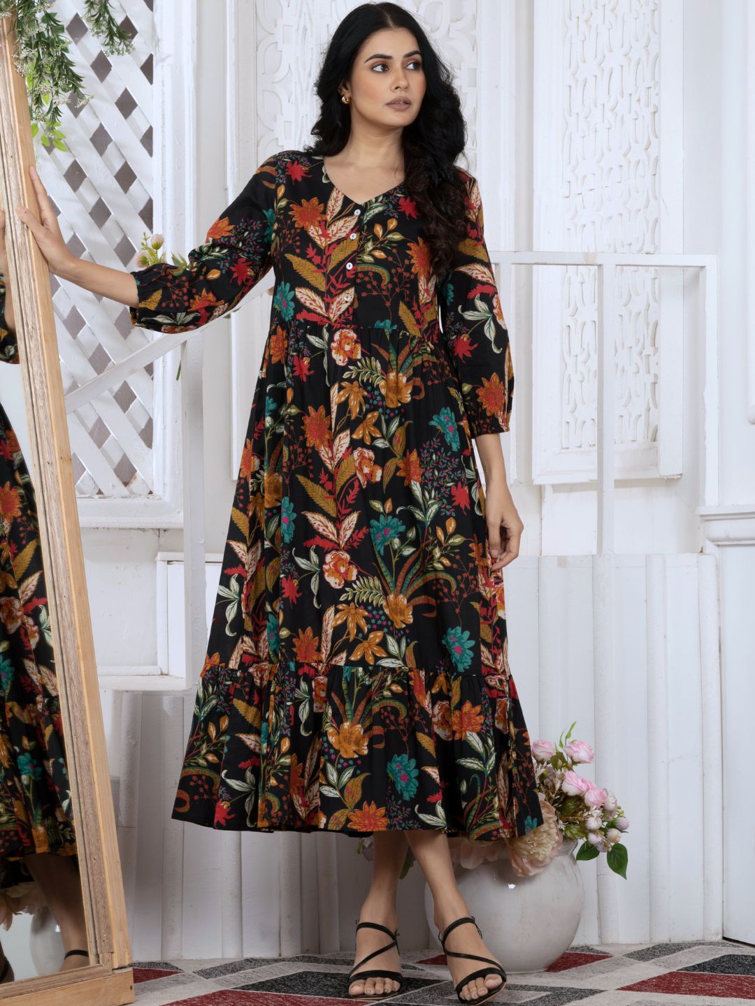 Black Tropical Bloom Boho Midi Dress