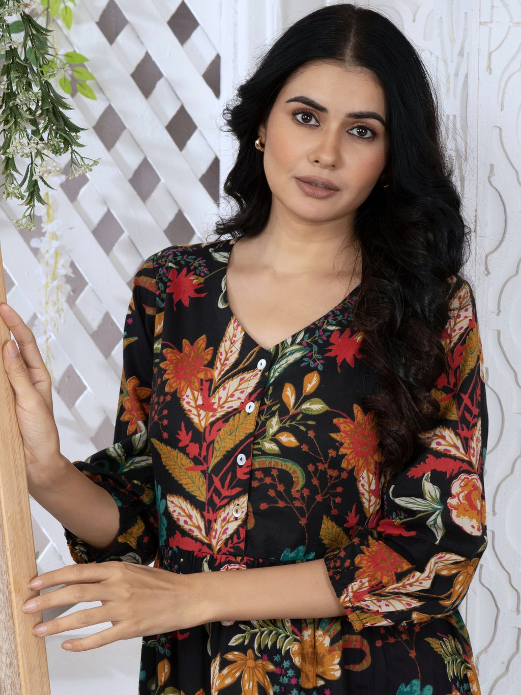 Black Tropical Bloom Boho Midi Dress