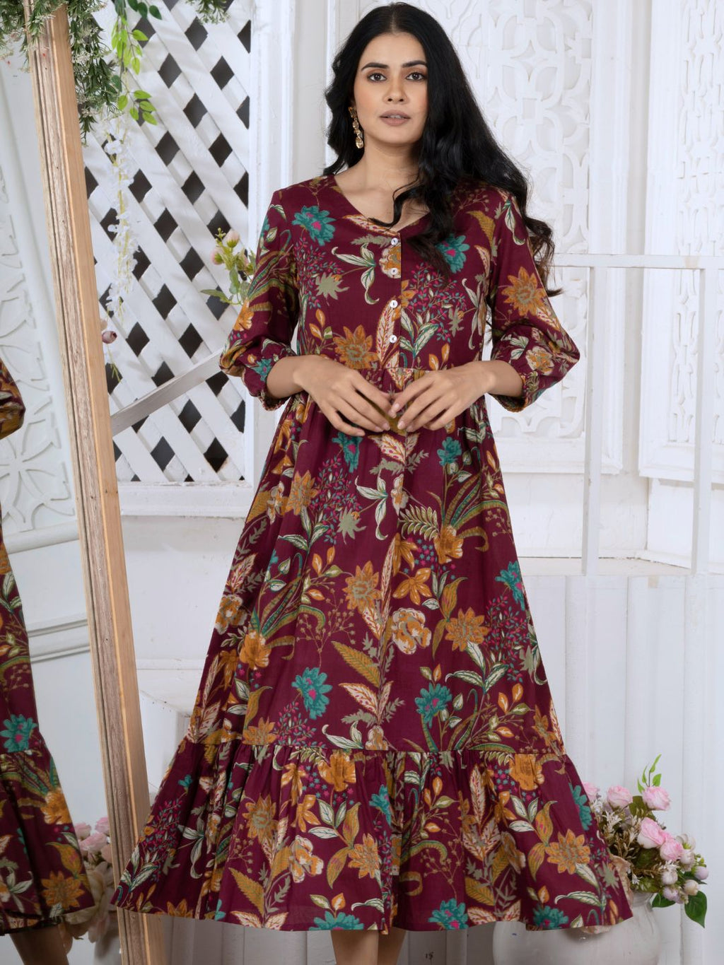 Wine Tropical Bloom Boho Midi Dress