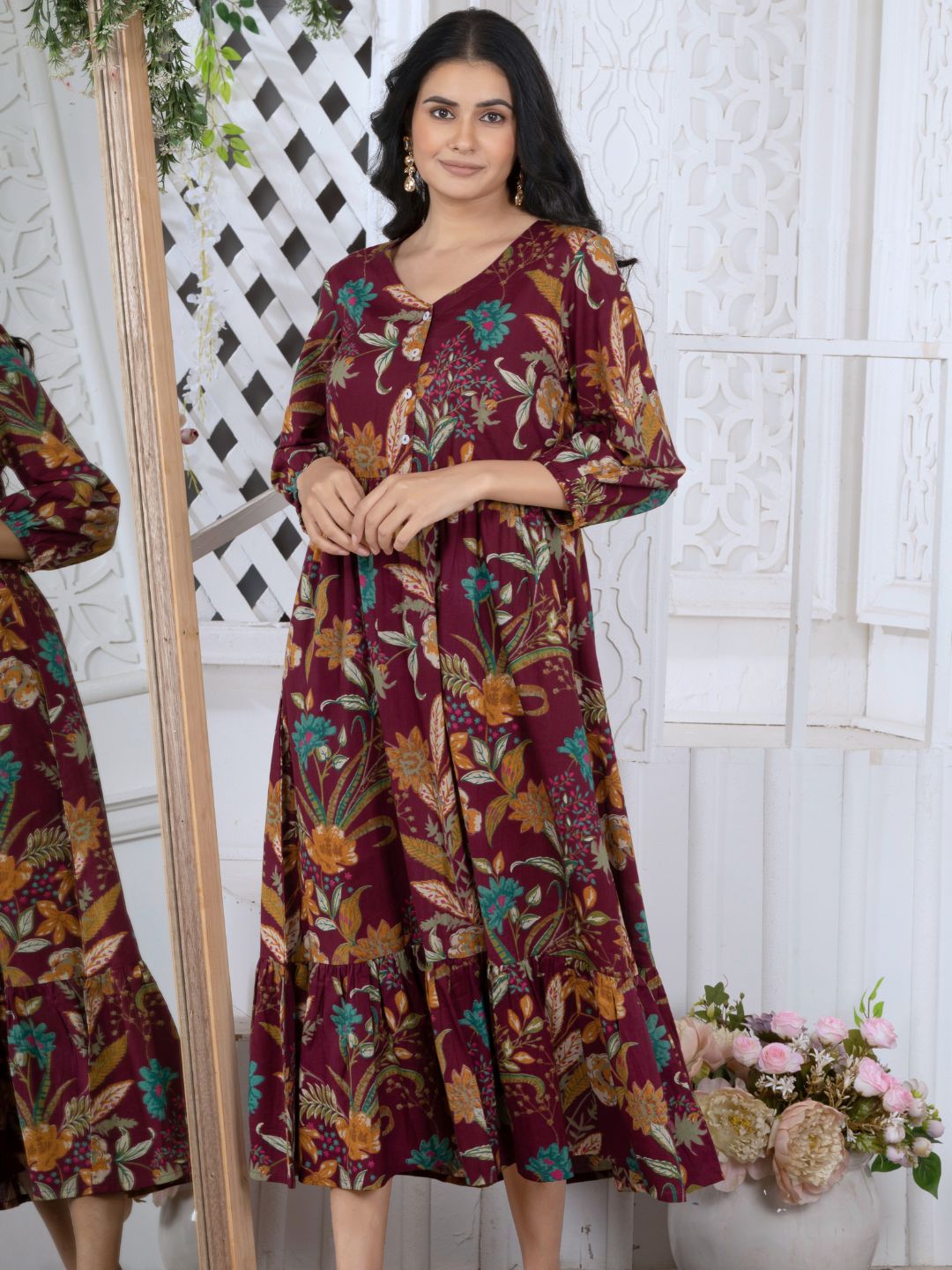 Wine Tropical Bloom Boho Midi Dress