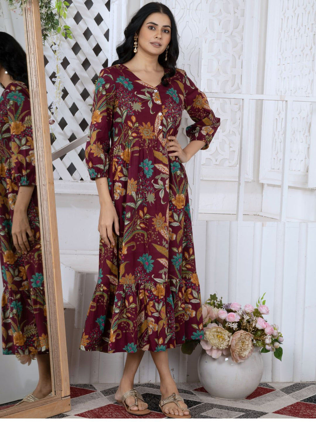 Wine Tropical Bloom Boho Midi Dress