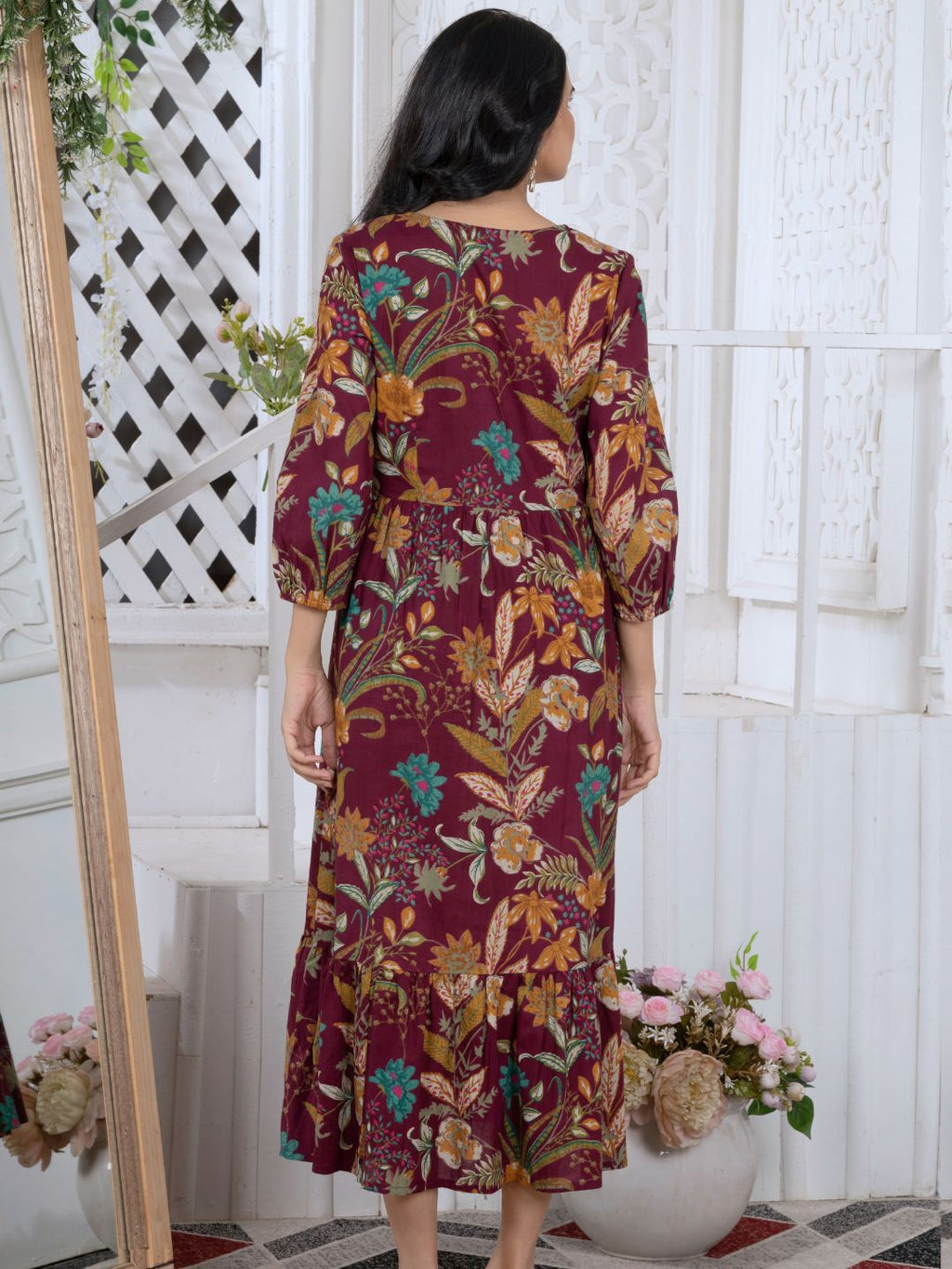 Wine Tropical Bloom Boho Midi Dress