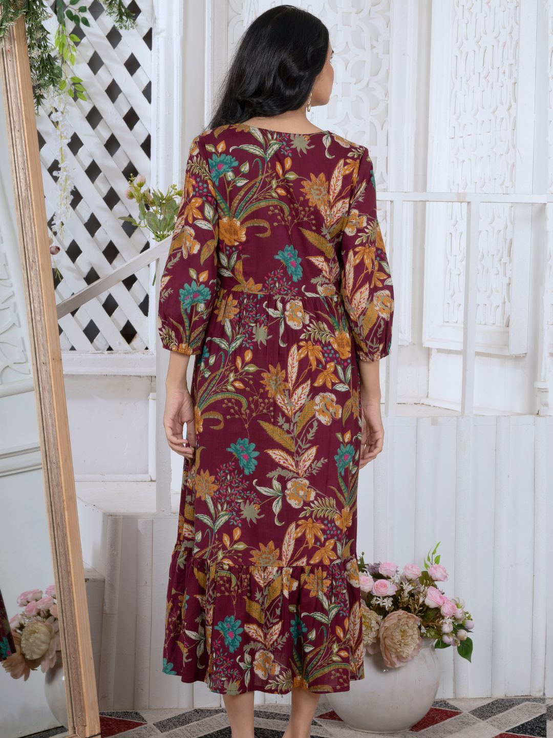 Wine Tropical Bloom Boho Midi Dress