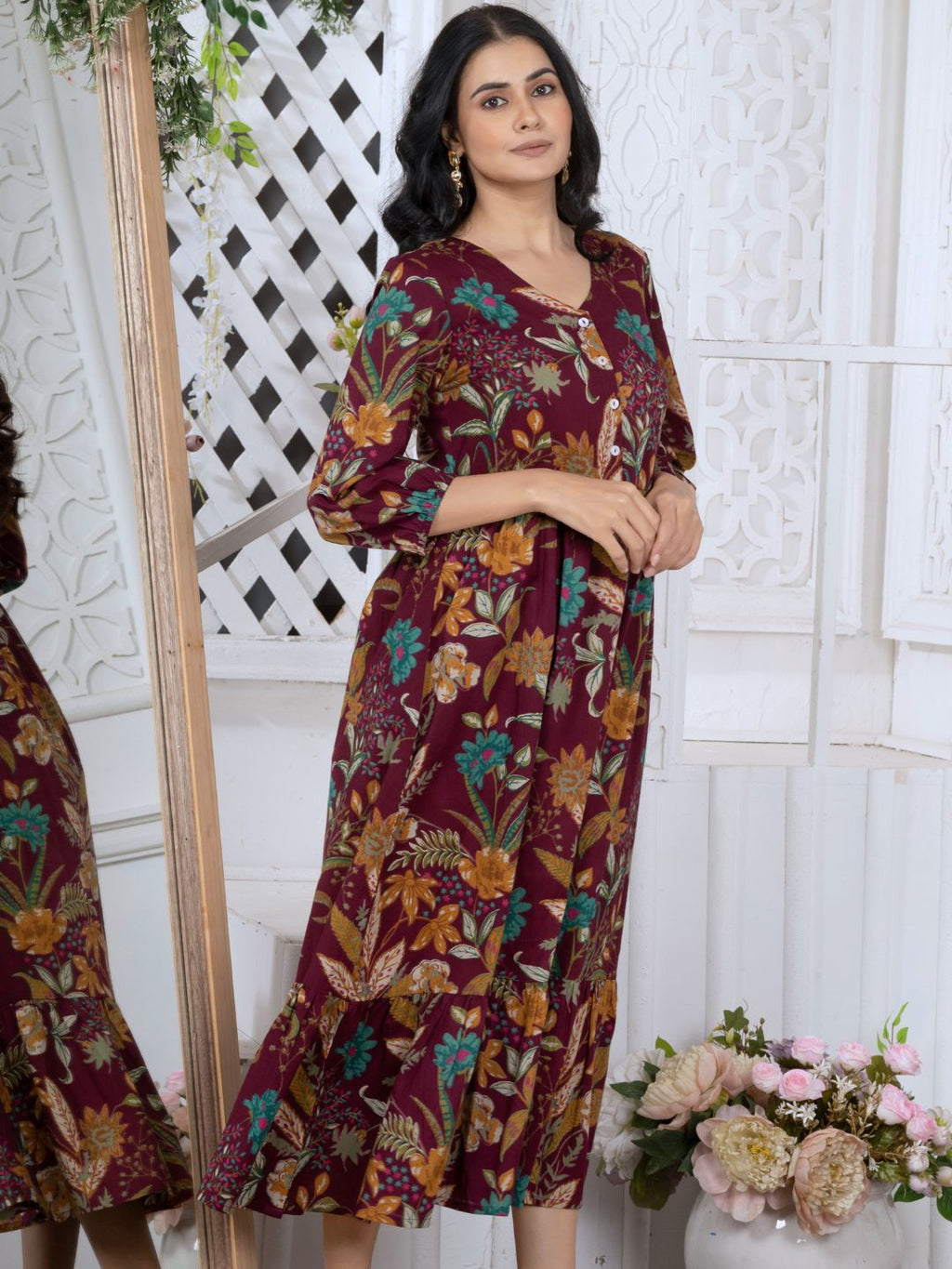 Wine Tropical Bloom Boho Midi Dress