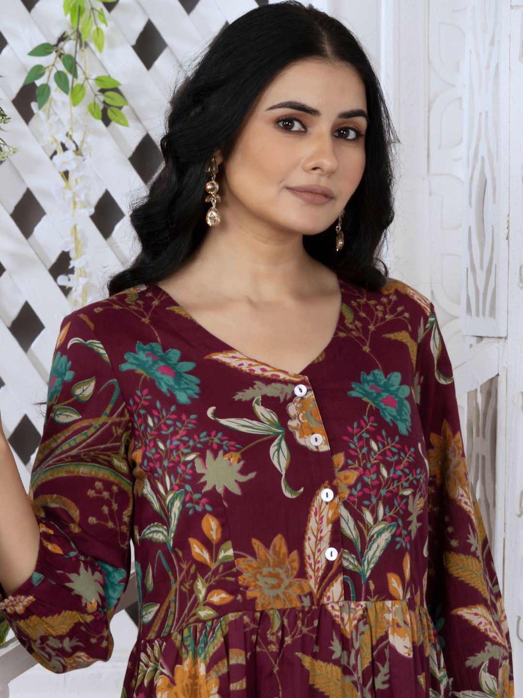 Wine Tropical Bloom Boho Midi Dress