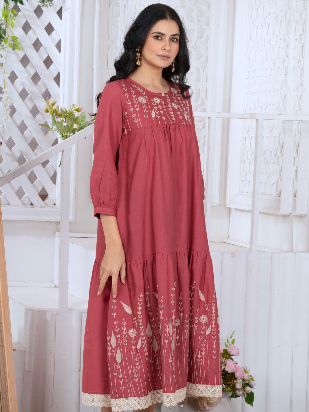 Spiced Coral Bloomscape Embroidered Midi Dress