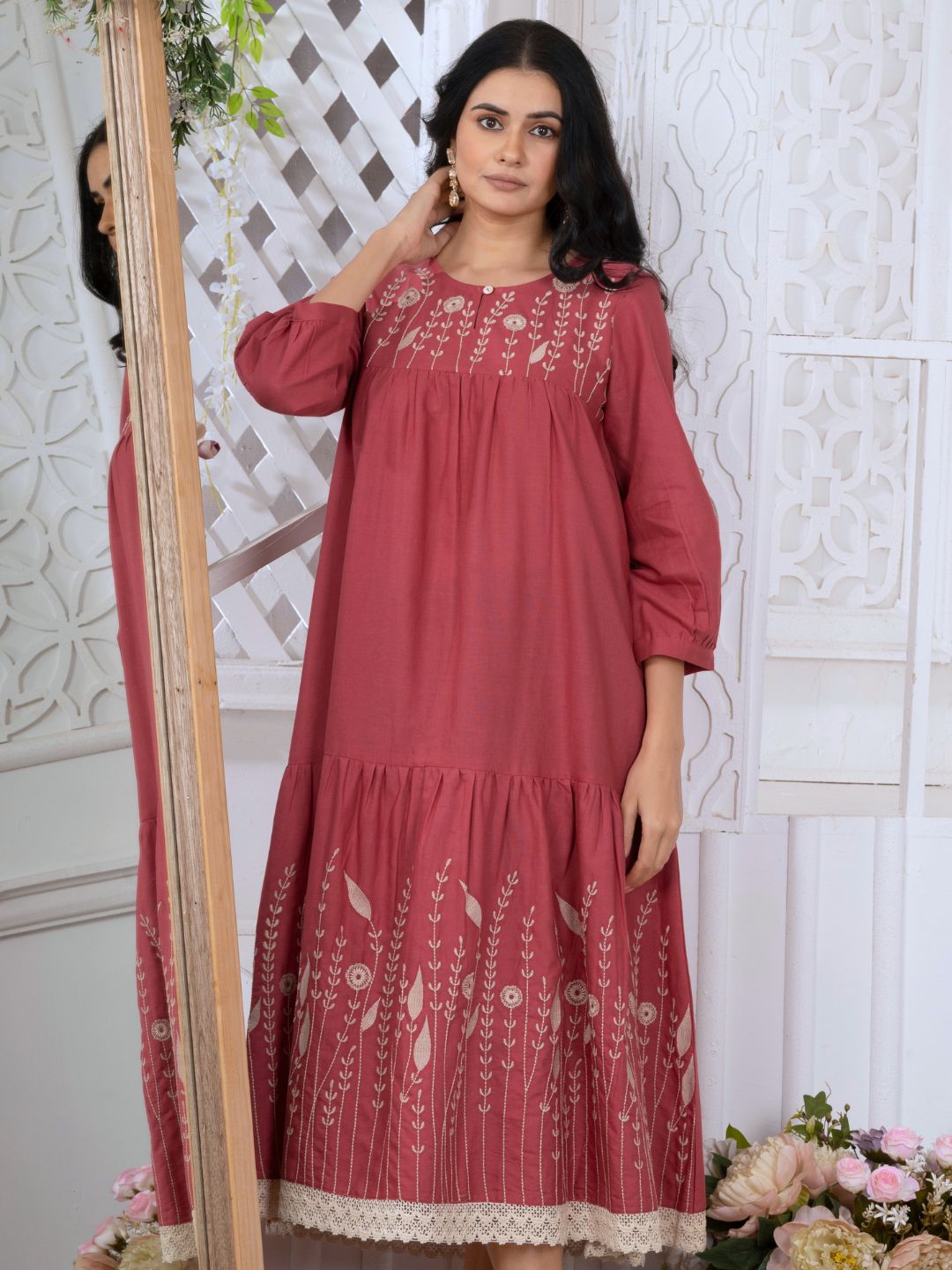 Spiced Coral Bloomscape Embroidered Midi Dress