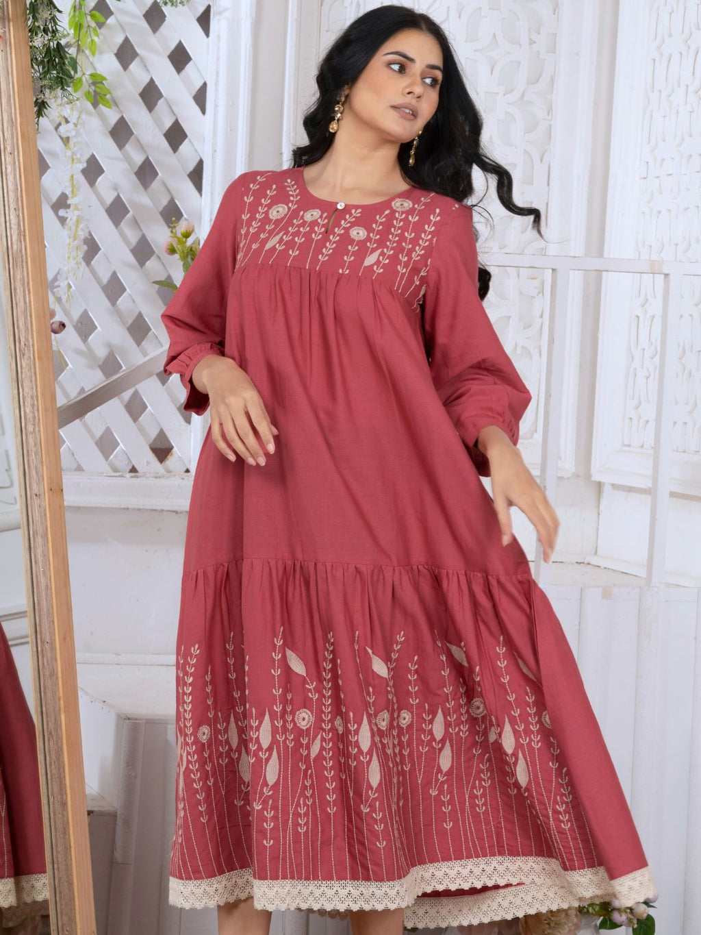 Spiced Coral Bloomscape Embroidered Midi Dress