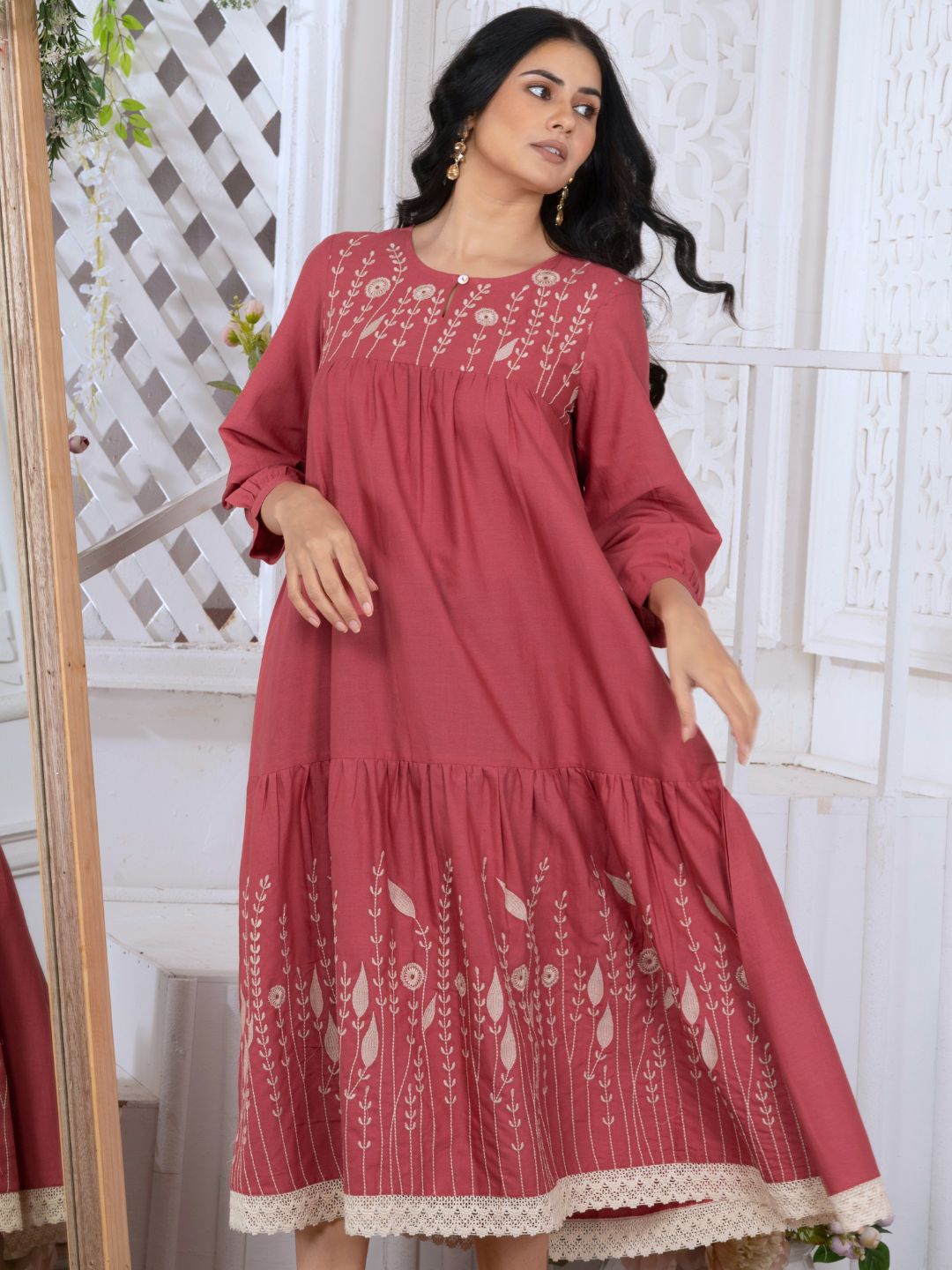 Spiced Coral Bloomscape Embroidered Midi Dress