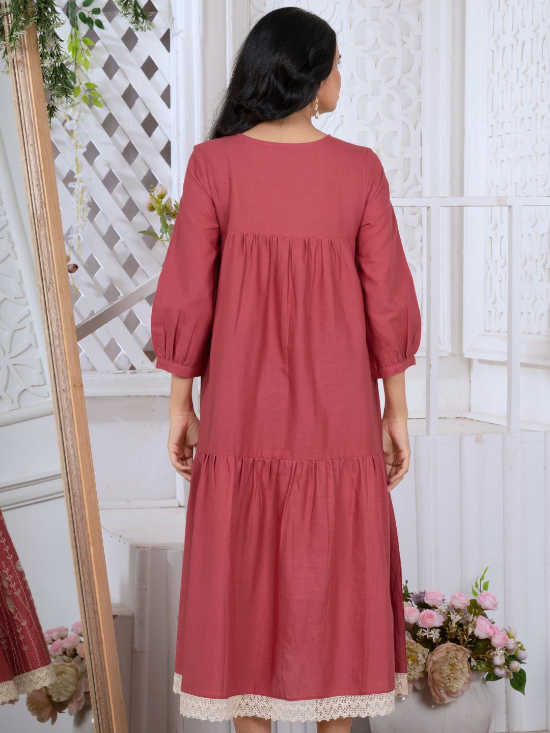 Spiced Coral Bloomscape Embroidered Midi Dress