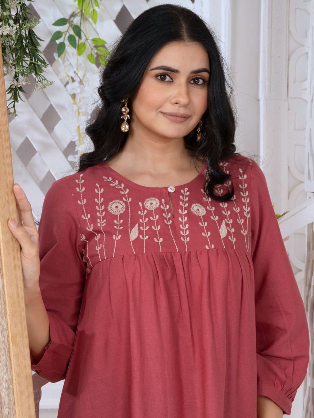 Spiced Coral Bloomscape Embroidered Midi Dress