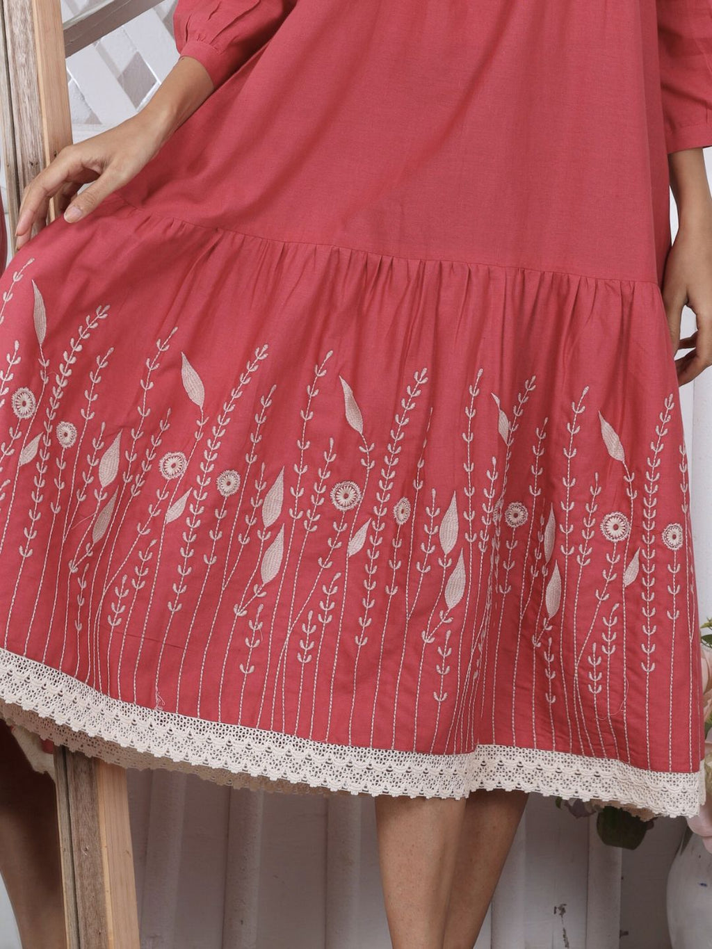 Spiced Coral Bloomscape Embroidered Midi Dress