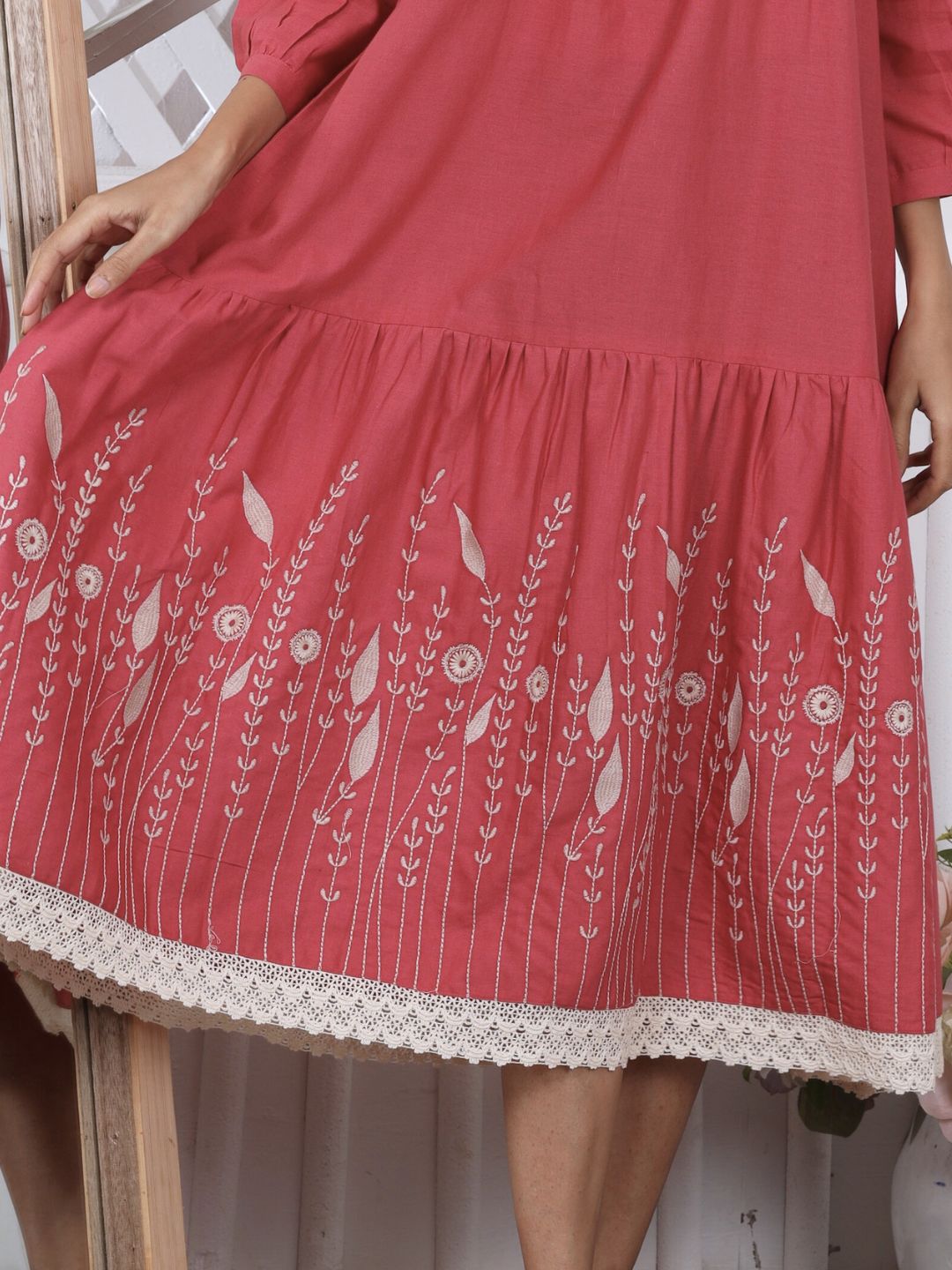 Spiced Coral Bloomscape Embroidered Midi Dress