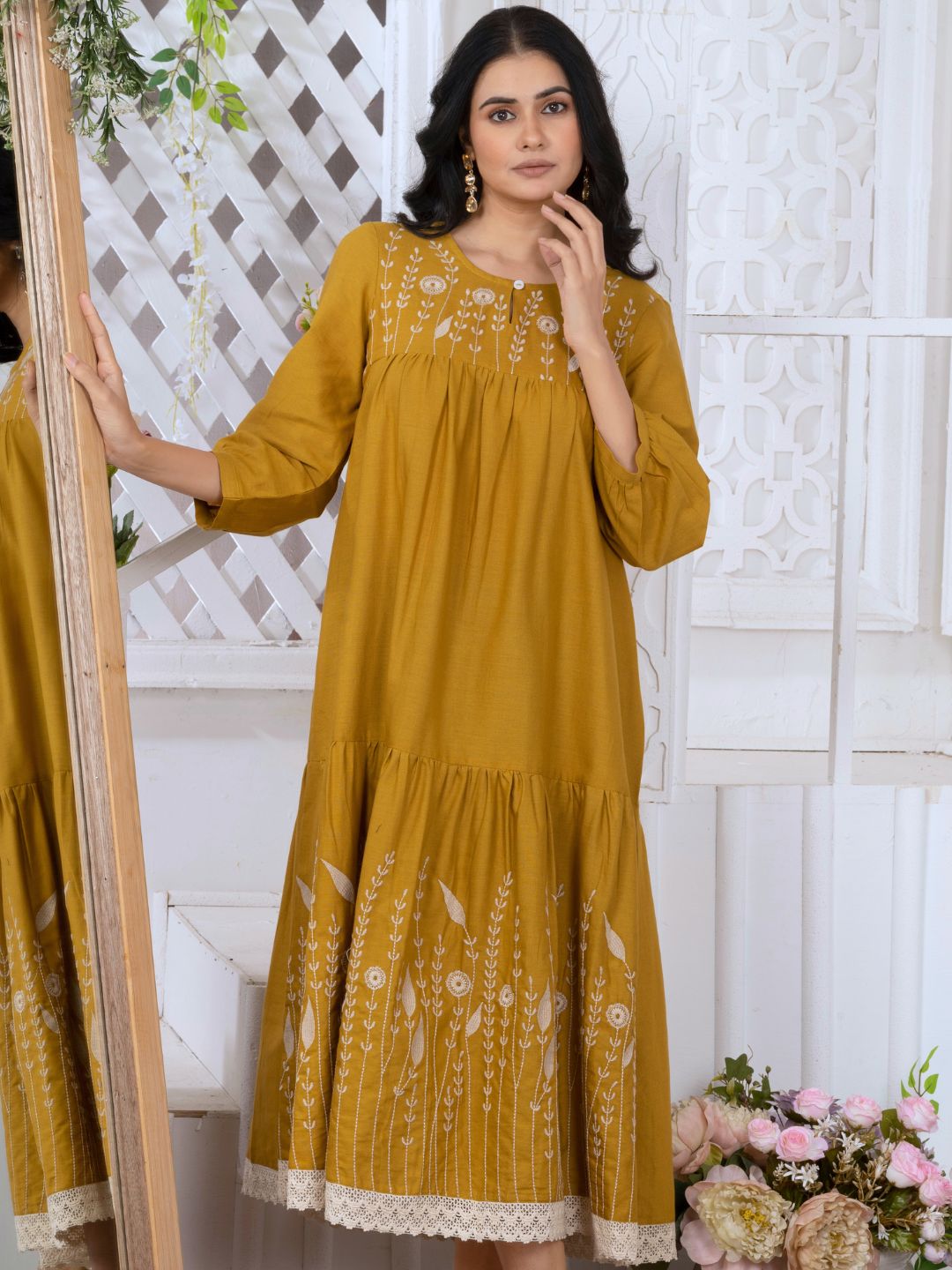 Caramel Mustard Bloomscape Embroidered Midi Dress