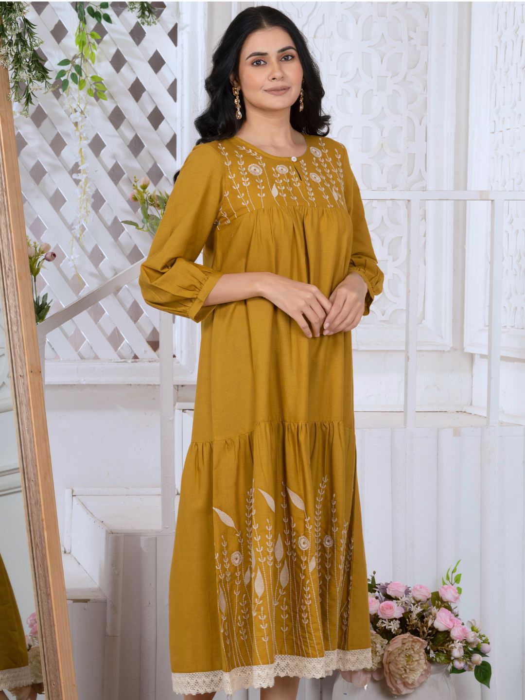 Caramel Mustard Bloomscape Embroidered Midi Dress