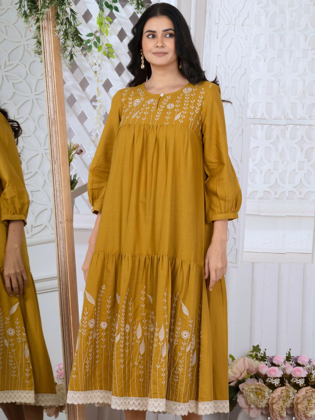 Caramel Mustard Bloomscape Embroidered Midi Dress