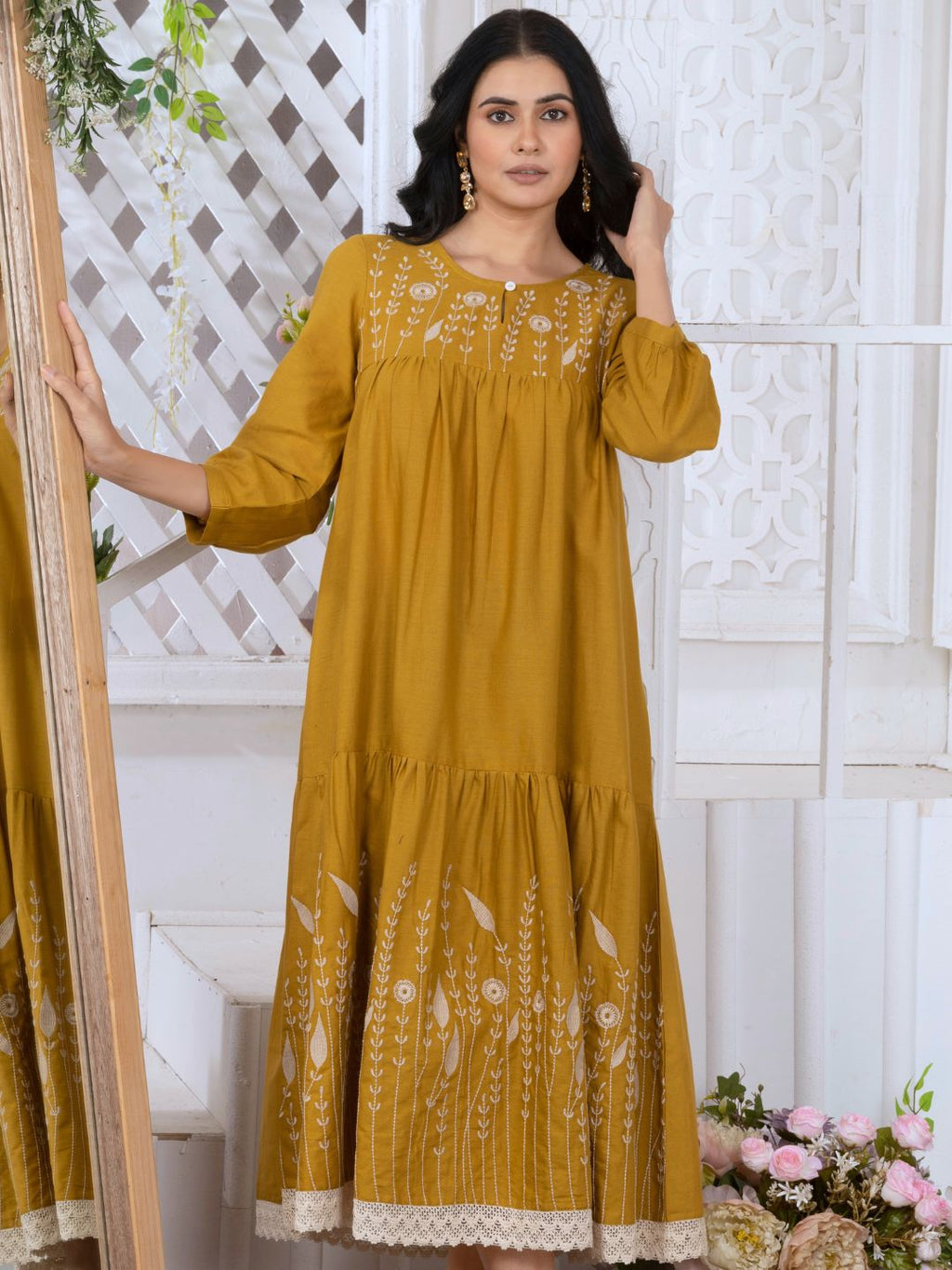 Caramel Mustard Bloomscape Embroidered Midi Dress