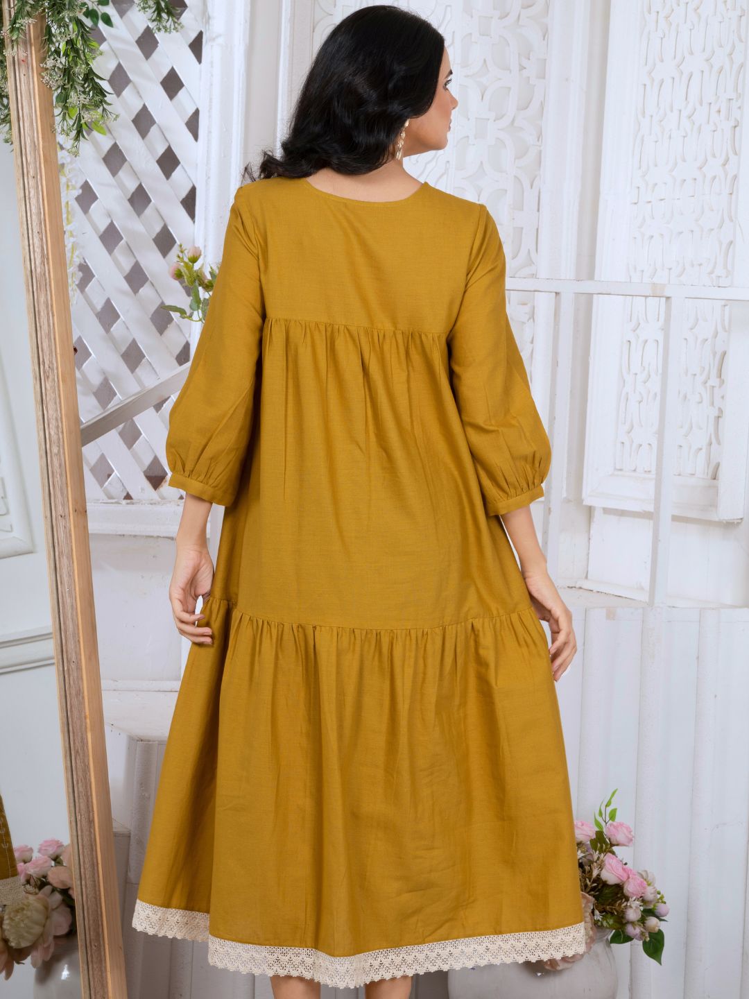 Caramel Mustard Bloomscape Embroidered Midi Dress