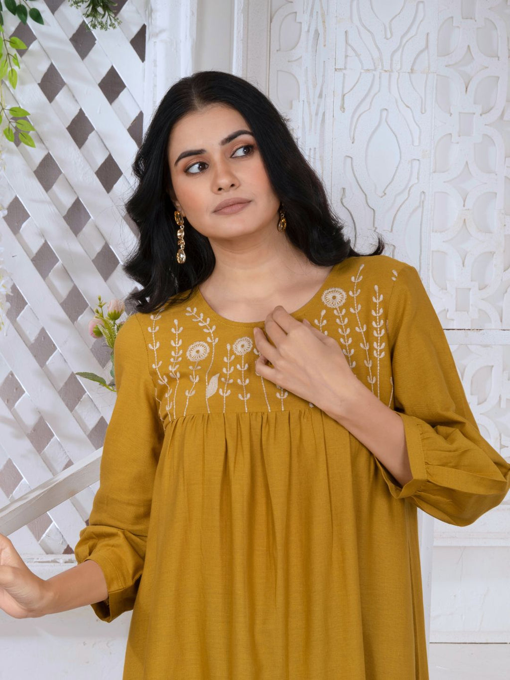 Caramel Mustard Bloomscape Embroidered Midi Dress