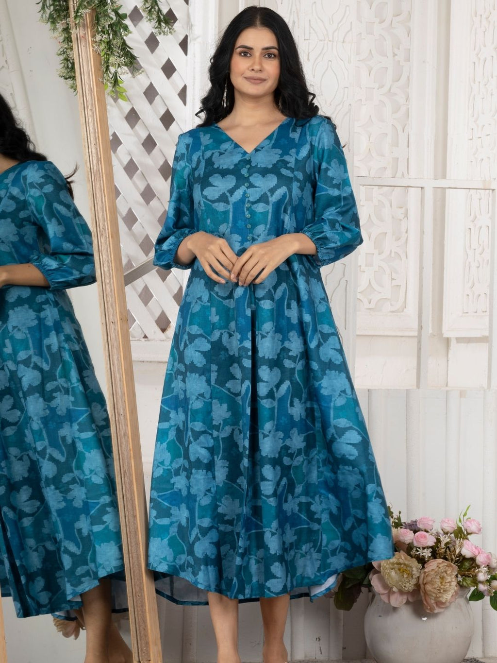 Crystal Teal Camotone Floral Midi Dress