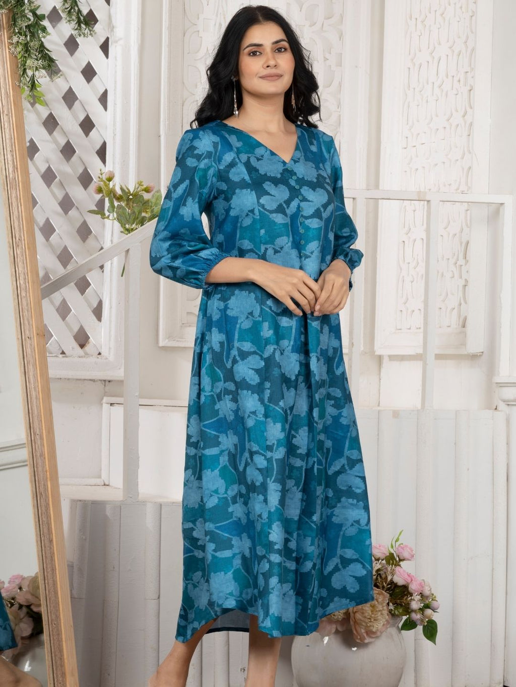 Crystal Teal Camotone Floral Midi Dress