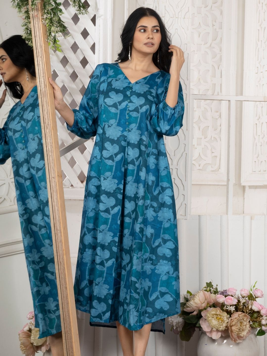 Crystal Teal Camotone Floral Midi Dress