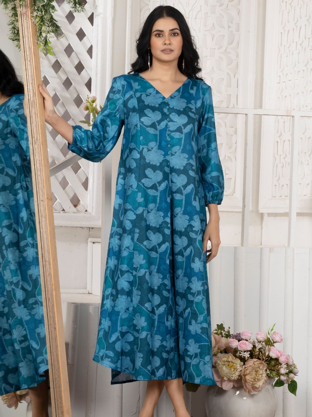 Crystal Teal Camotone Floral Midi Dress