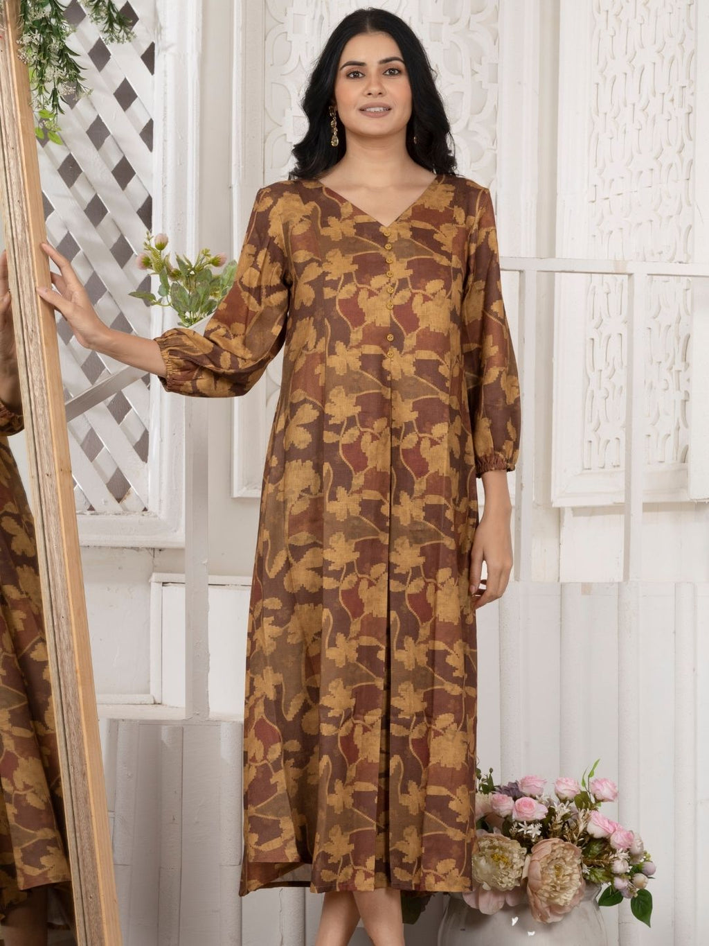 Honey Mustard Camotone Floral Midi Dress