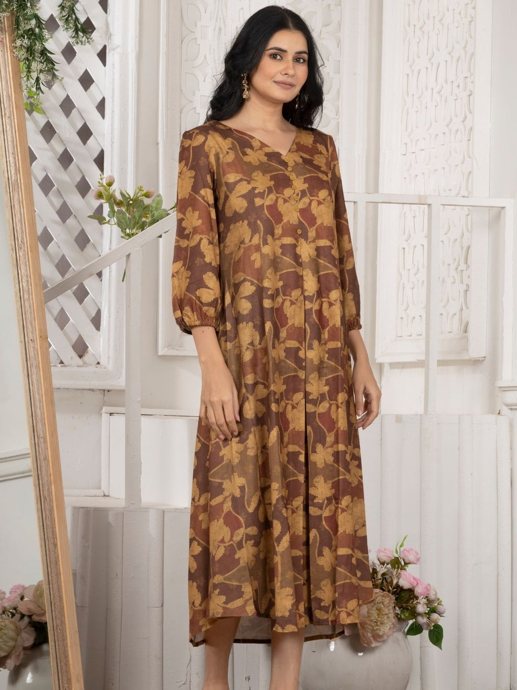 Honey Mustard Camotone Floral Midi Dress