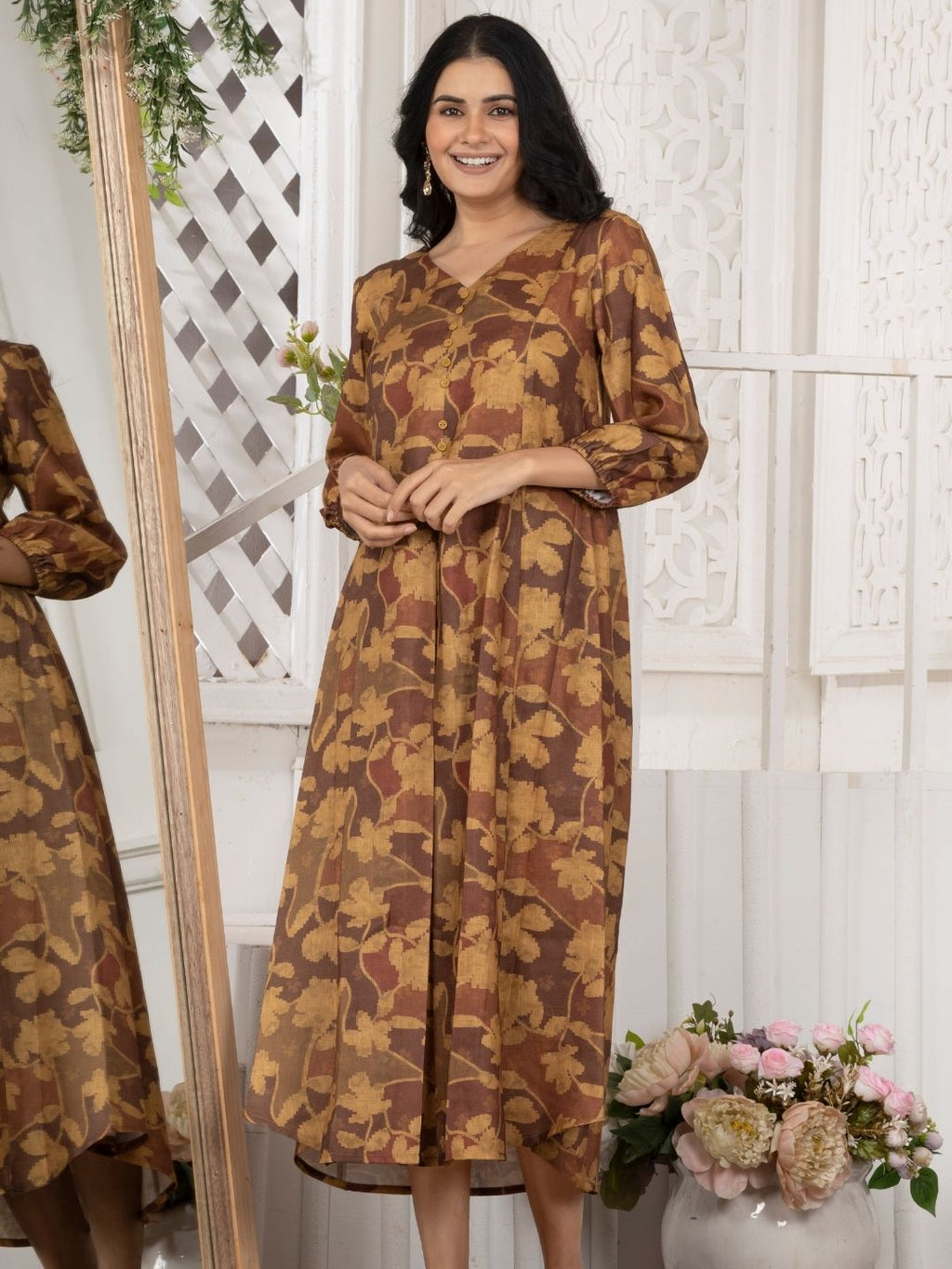 Honey Mustard Camotone Floral Midi Dress