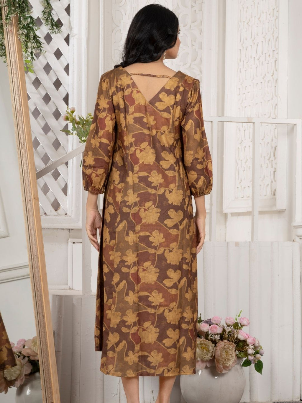 Honey Mustard Camotone Floral Midi Dress