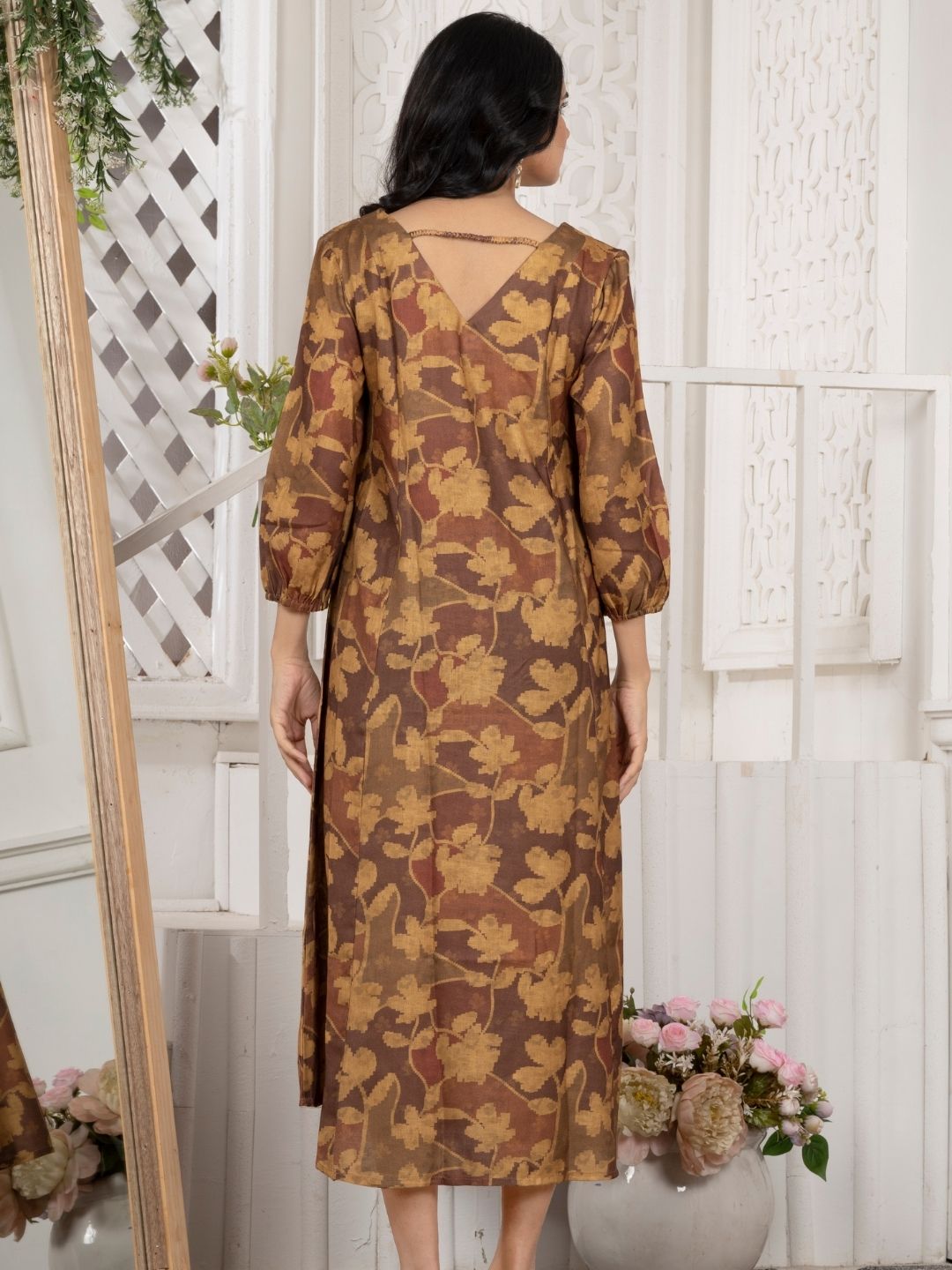 Honey Mustard Camotone Floral Midi Dress