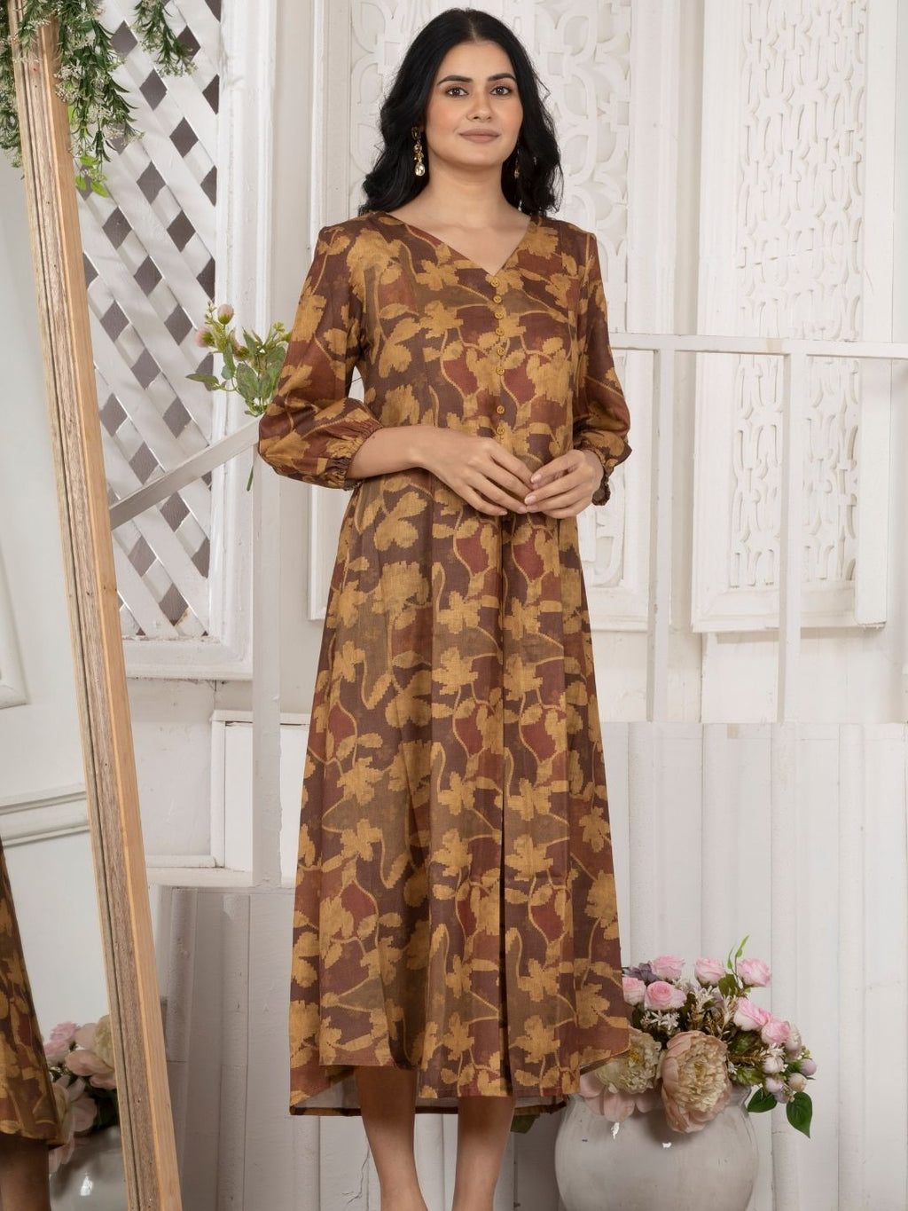 Honey Mustard Camotone Floral Midi Dress